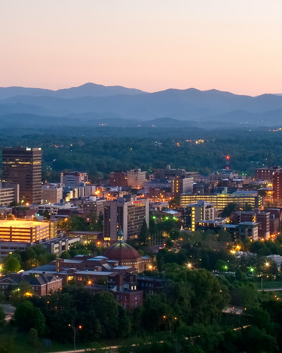 Downtown Asheville, NC at dusk