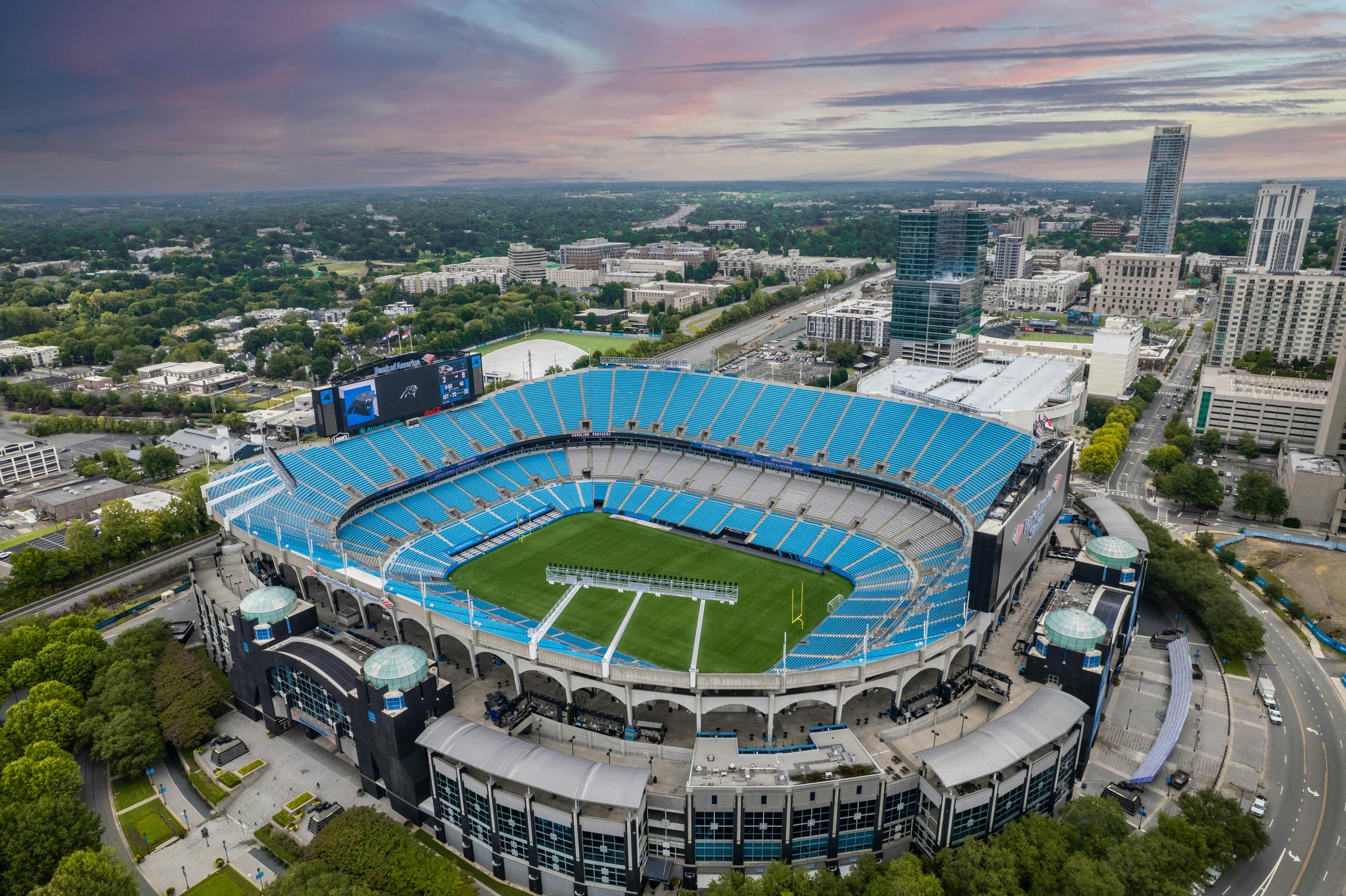 Aerial view of Bank of America Stadium in Charlotte, NC at dusk