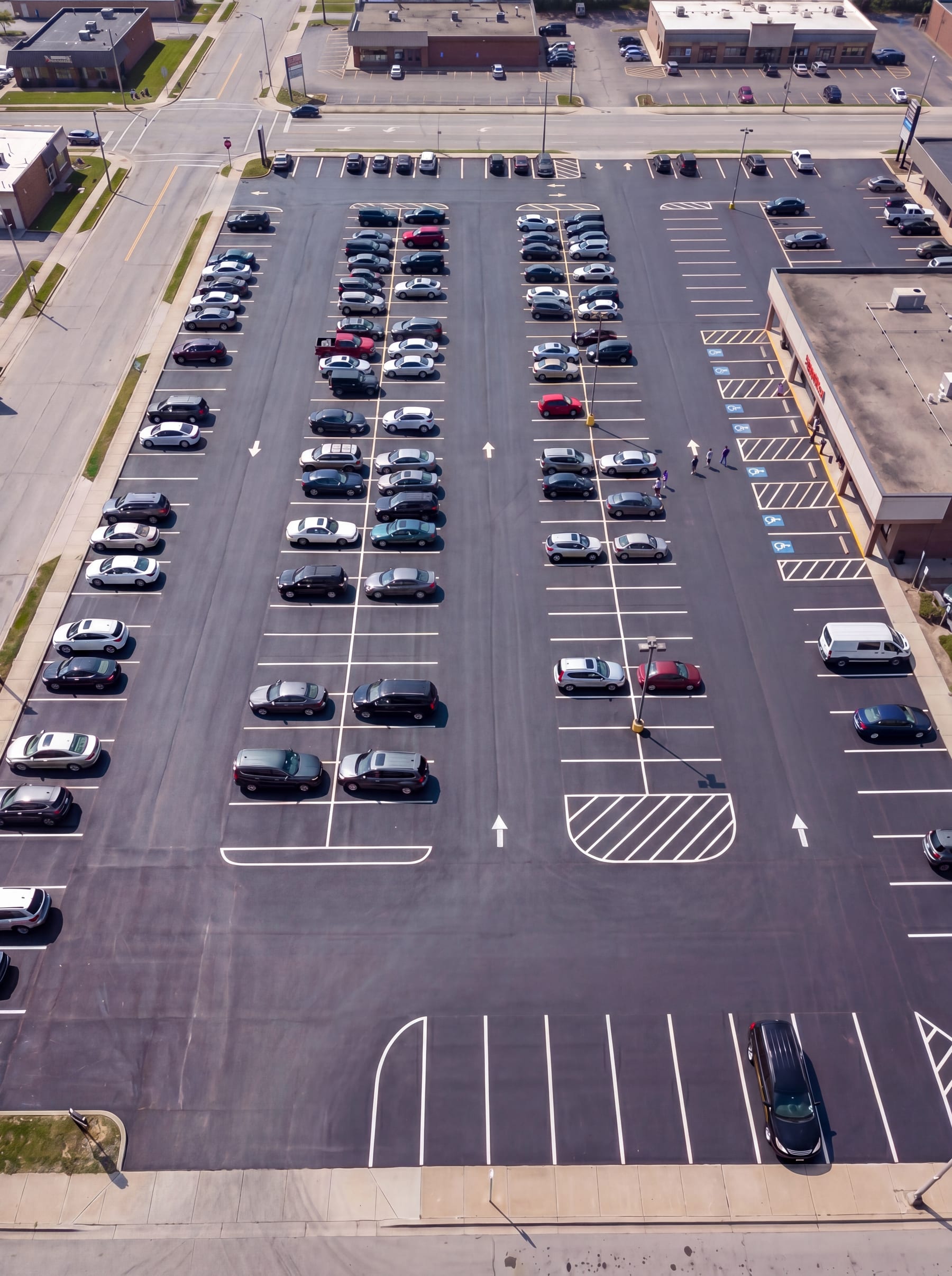 Freshly seal-coated commercial parking lot completed by HD Grading